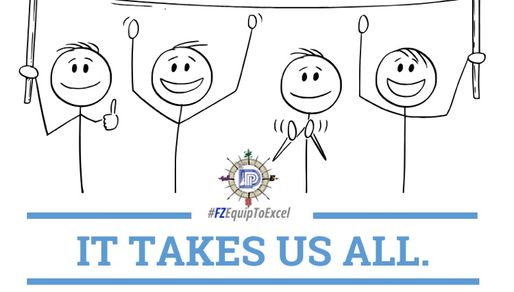 stick figures celebrating! blue text at the bottom that reads IT TAKES US ALL!