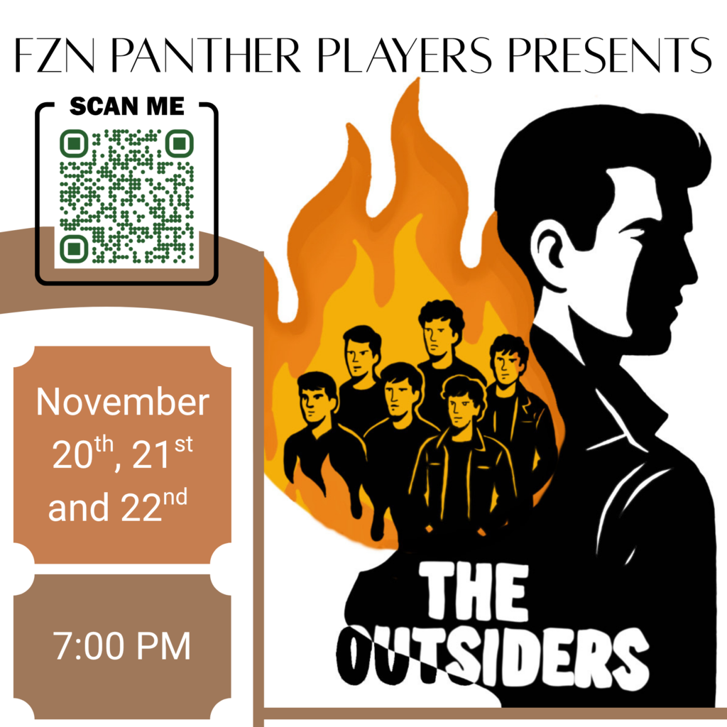 Show poster with retro bl&w art boys and fire. The Outsiders Nov. 20-22  7 p.m. North High