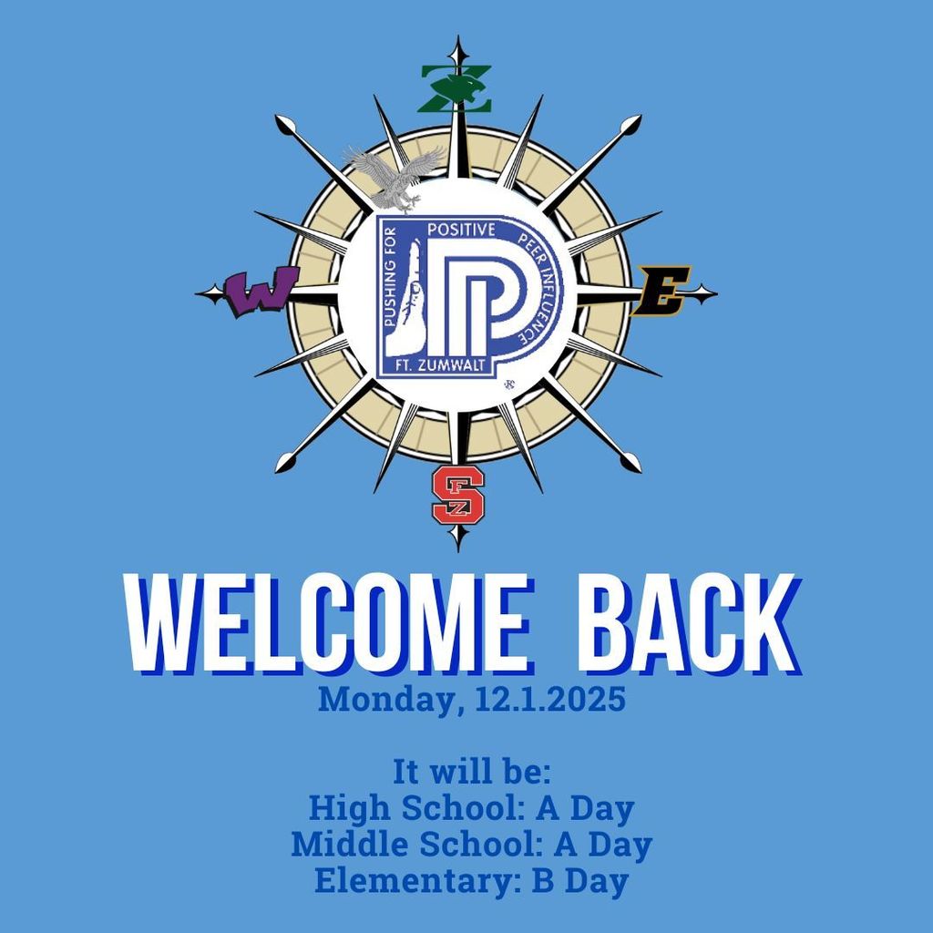 Compass logo. Welcome back! 12-1-25 HS & MS A Day. ELEM B Day.