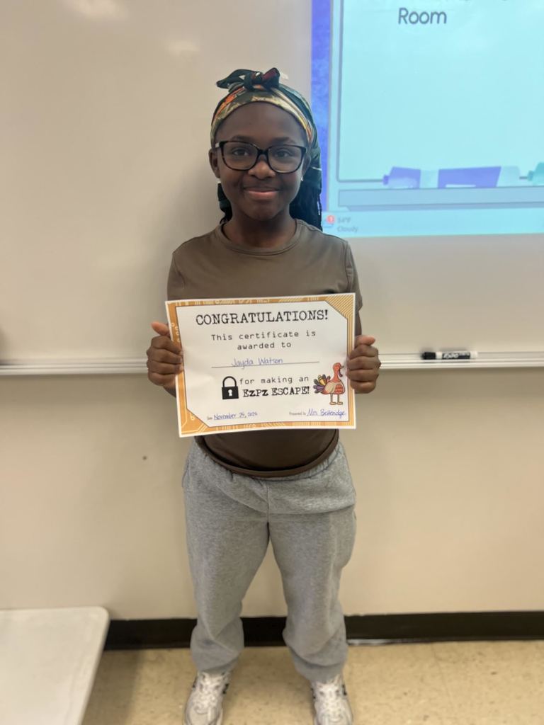 The day before Thanksgiving break, students in Mrs. Betteridge class didn't start break early. Students began prepping for their MAP test by participating in a Thanksgiving themed escape room that reviewed 6th, 7th, and 8th grade material. The students who escaped the fastest earned a certificate and a mustang coin. I super huge shoutout to all the students who had a positive attitude and great participation in escape room.  