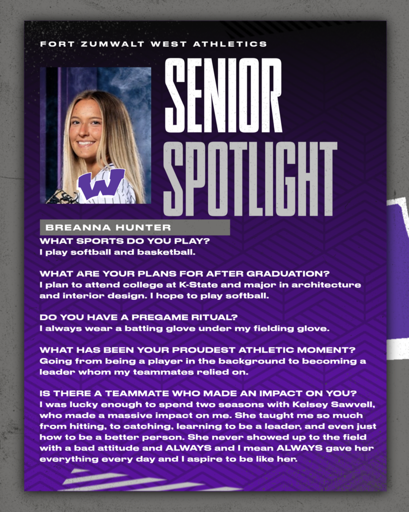 Each Friday of a full week for the remainder of the school year, the Zumwalt West school community will recognize the accomplishments and wisdom of our seniors. In May, as graduation approaches, there will be a Senior Spotlight each school day.