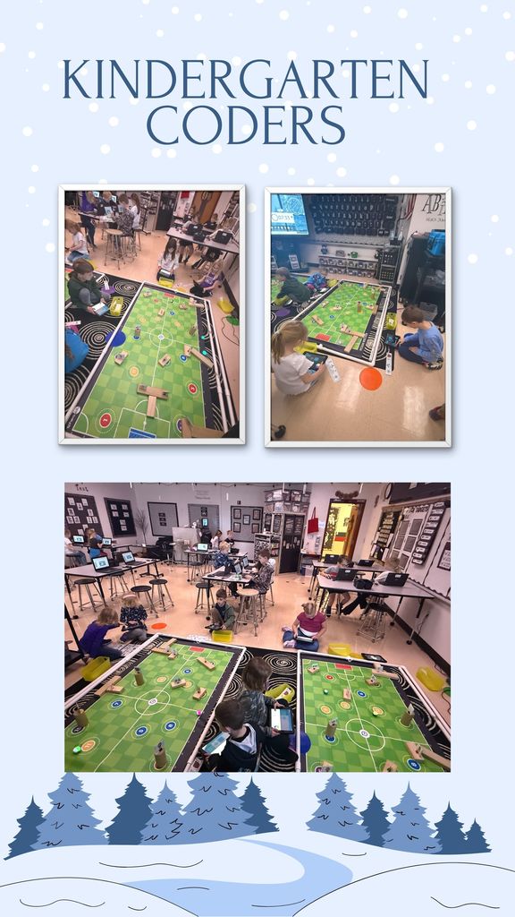 Kindergarten Coders. 3 images of students using coding robots