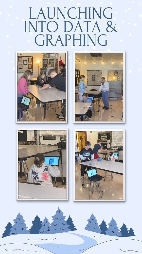 Launching into data and graphing. 4 images of students working in technology class.
