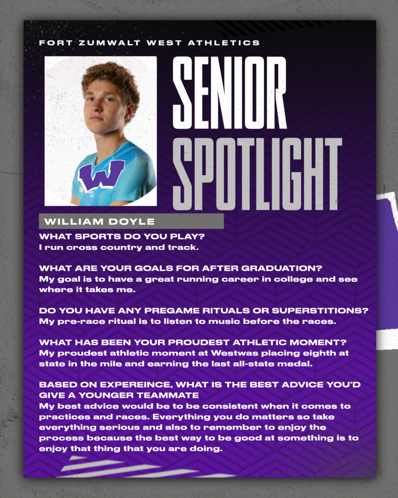 Each Friday of a full week for the remainder of the school year, the Zumwalt West school community will recognize the accomplishments and wisdom of our seniors. In May, as graduation approaches, there will be a Senior Spotlight each school day.