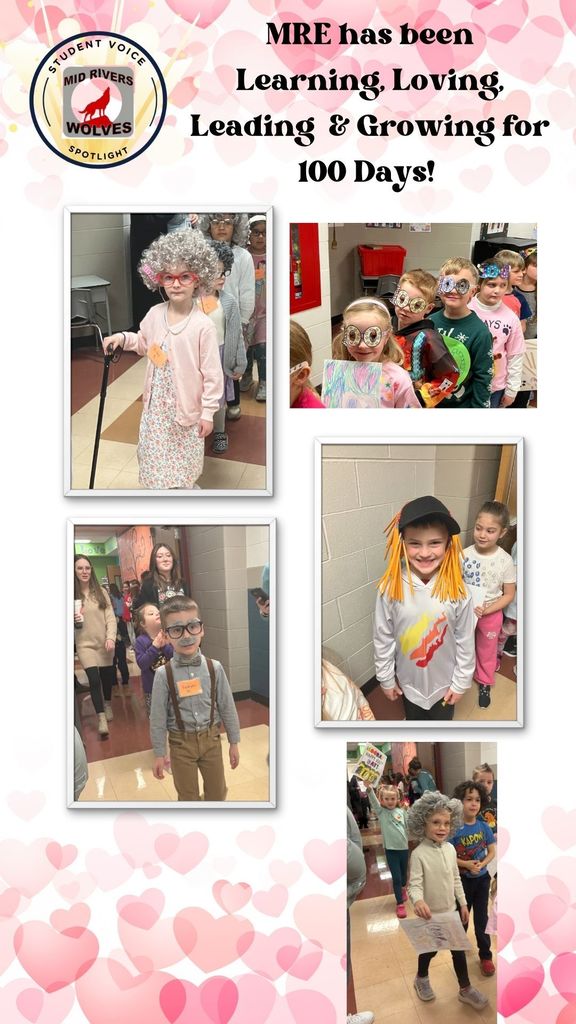 MRE has been Learning, Loving, Leading  & Growing for 100 Days!  5 images of students dressed for th 100th day of school 