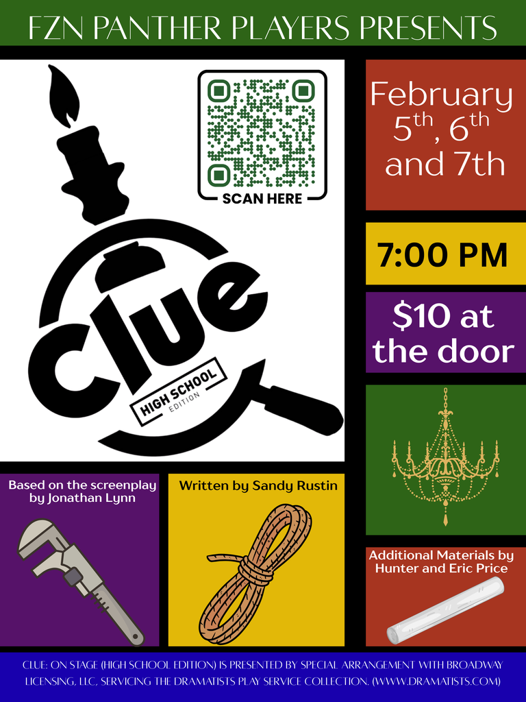 Clue poster with magnifying glass and chess piece logo 