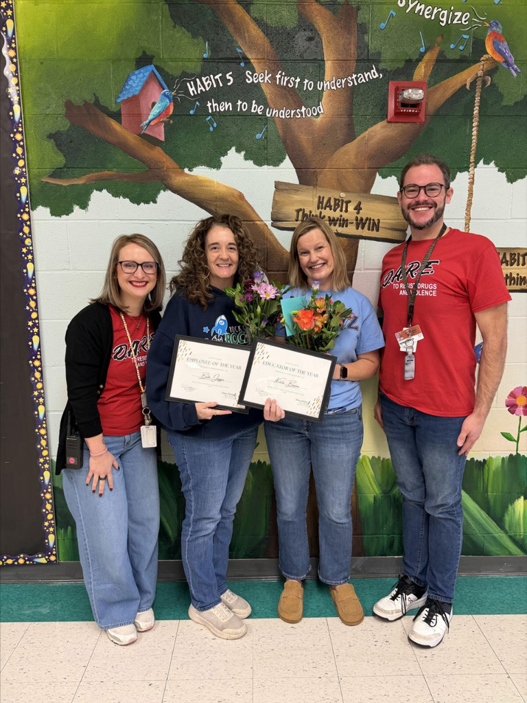 Assistant Principal; Mrs. McCoy, Employee of the Year; Beth Jaggie, Educator of the Year; Nickole Beseau, Principal; Dr. Dierker