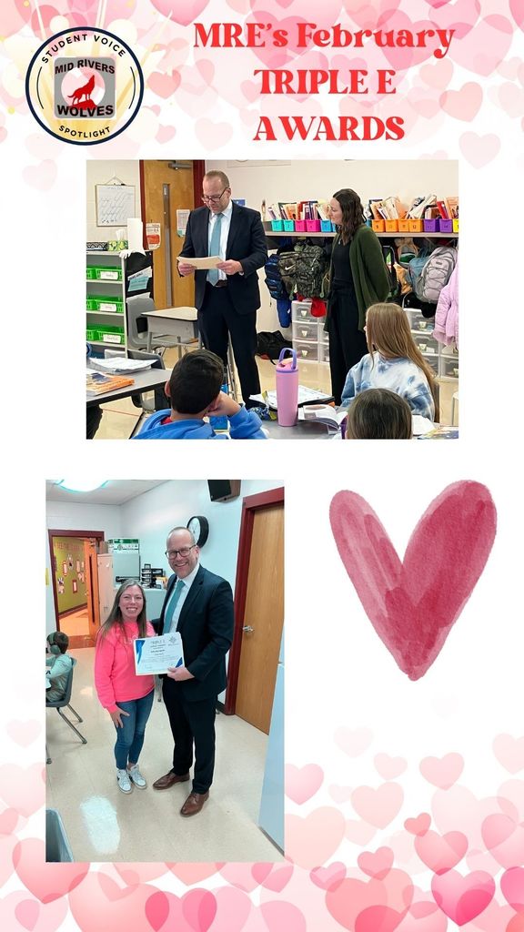 MRE February Triple E awards. 2 images of staff with Dr. St. Pierre