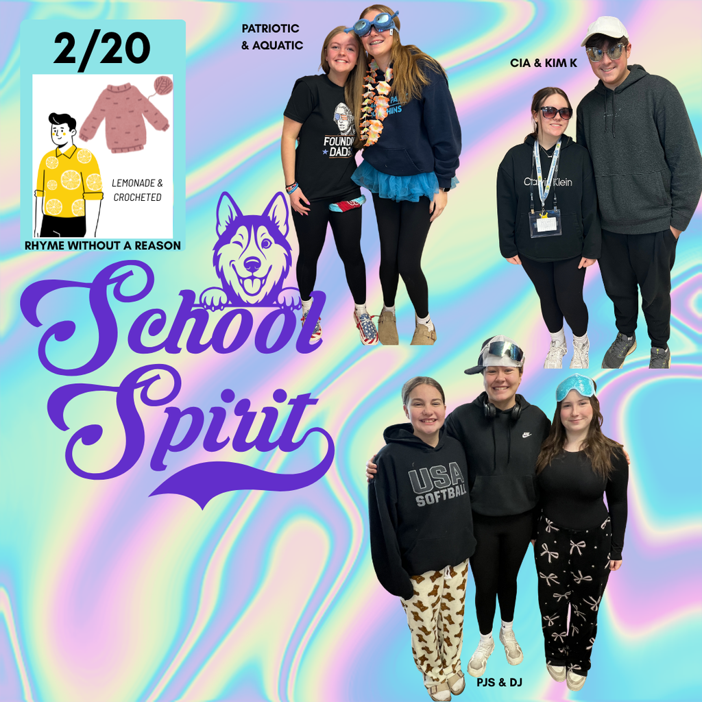 Spirit Day photo of students dressed as patriotic &  aquatic, CIA & Kim K, PJs & DJ