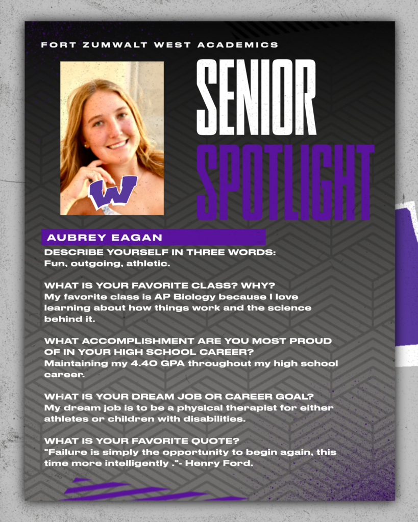 Each Friday of a full week for the remainder of the school year, the Zumwalt West school community will recognize the accomplishments and wisdom of our seniors. In May, as graduation approaches, there will be a Senior Spotlight each school day.