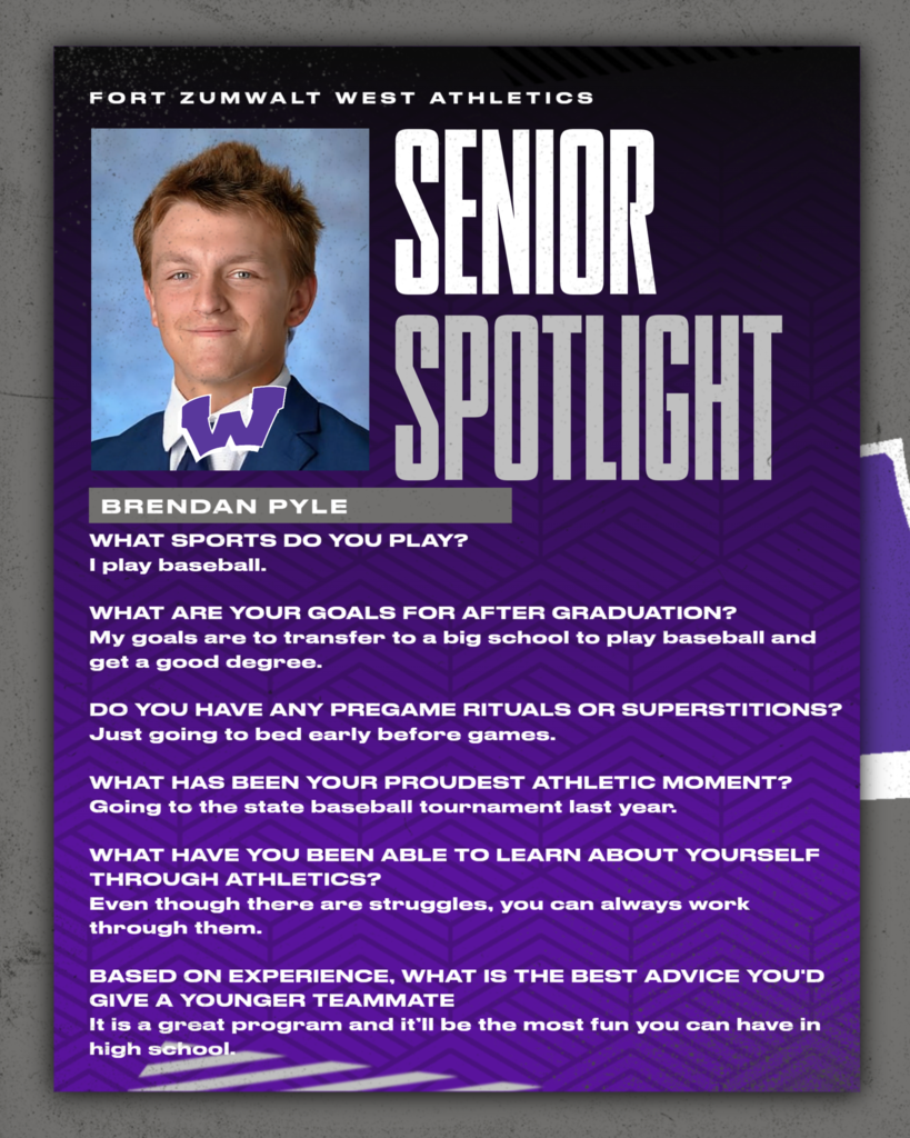 Each Friday of a full week for the remainder of the school year, the Zumwalt West school community will recognize the accomplishments and wisdom of our seniors. In May, as graduation approaches, there will be a Senior Spotlight each school day.