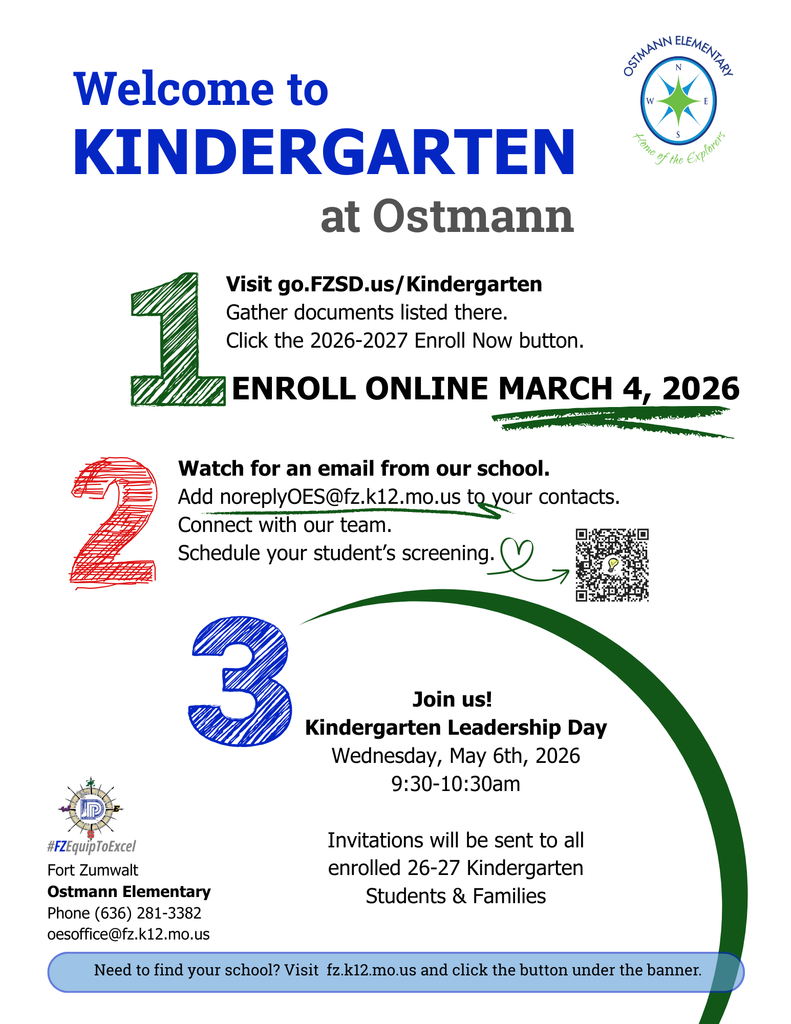 Kindergarten Registration opens March 4th, 2026 online. Once registered, incoming Kindergarten students and their families will be invited to Kindergarten Leadership Day on Wednesday, May 6th, 2026 from 9:30-10:30am. Call our office with questions.