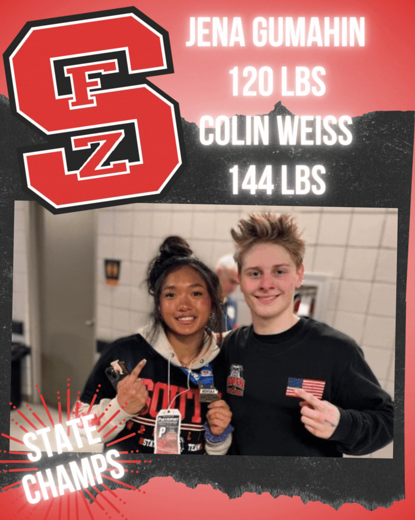Jena Gumahin (girls 120 lbs) Colin Weiss (boys 144 lbs) STATE CHAMPS!