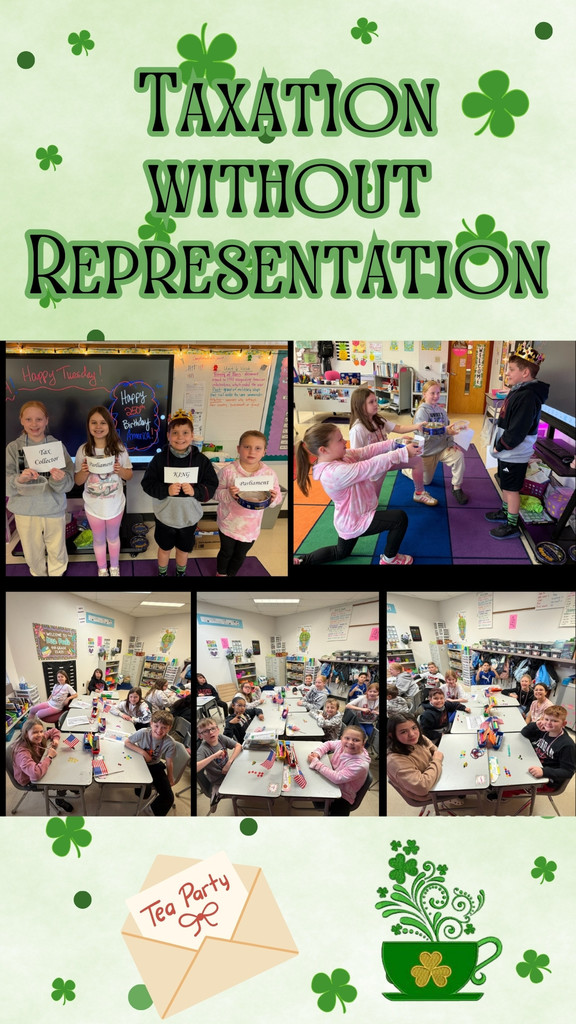 Taxation without representation. 5 images of students acting out the american revolution.
