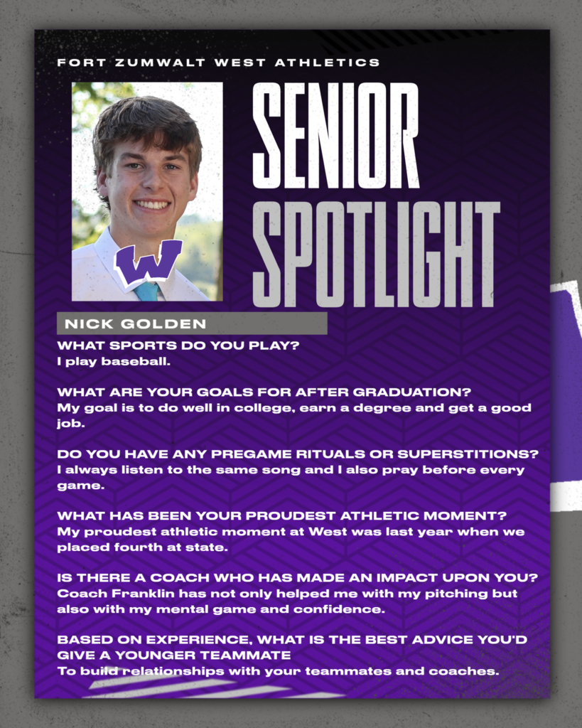 Each Friday of a full week for the remainder of the school year, the Zumwalt West school community will recognize the accomplishments and wisdom of our seniors. In May, as graduation approaches, there will be a Senior Spotlight each school day.