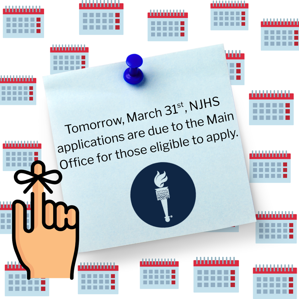 Graphic of reminder and NJHS logo - applications for next year are due tomorrow 3/31