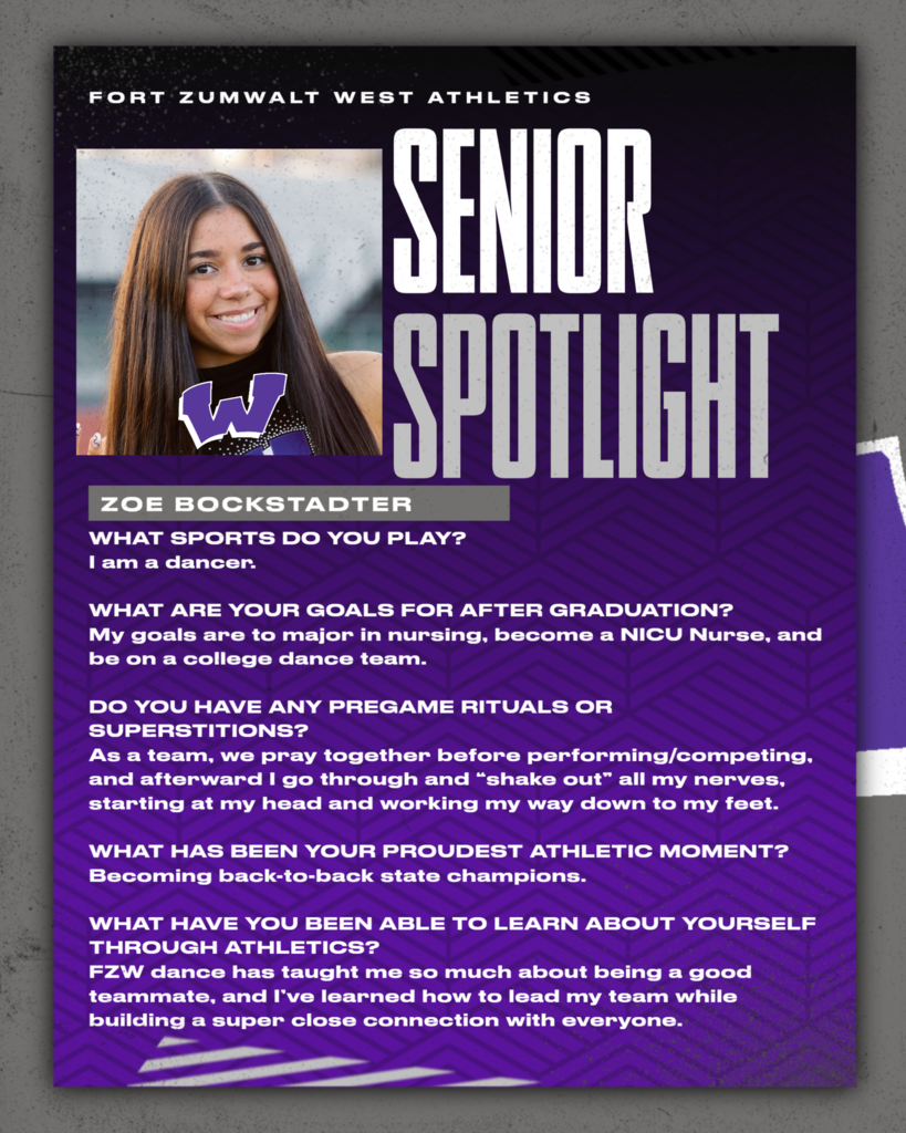 Each Friday of a full week for the remainder of the school year, the Zumwalt West school community will recognize the accomplishments and wisdom of our seniors. In May, as graduation approaches, there will be a Senior Spotlight each school day.