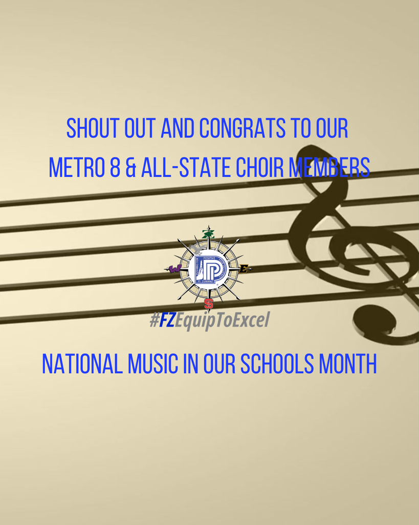 Music staff behind words: Shout Out and Congrats to our Metro 8 & All-State Choir Members