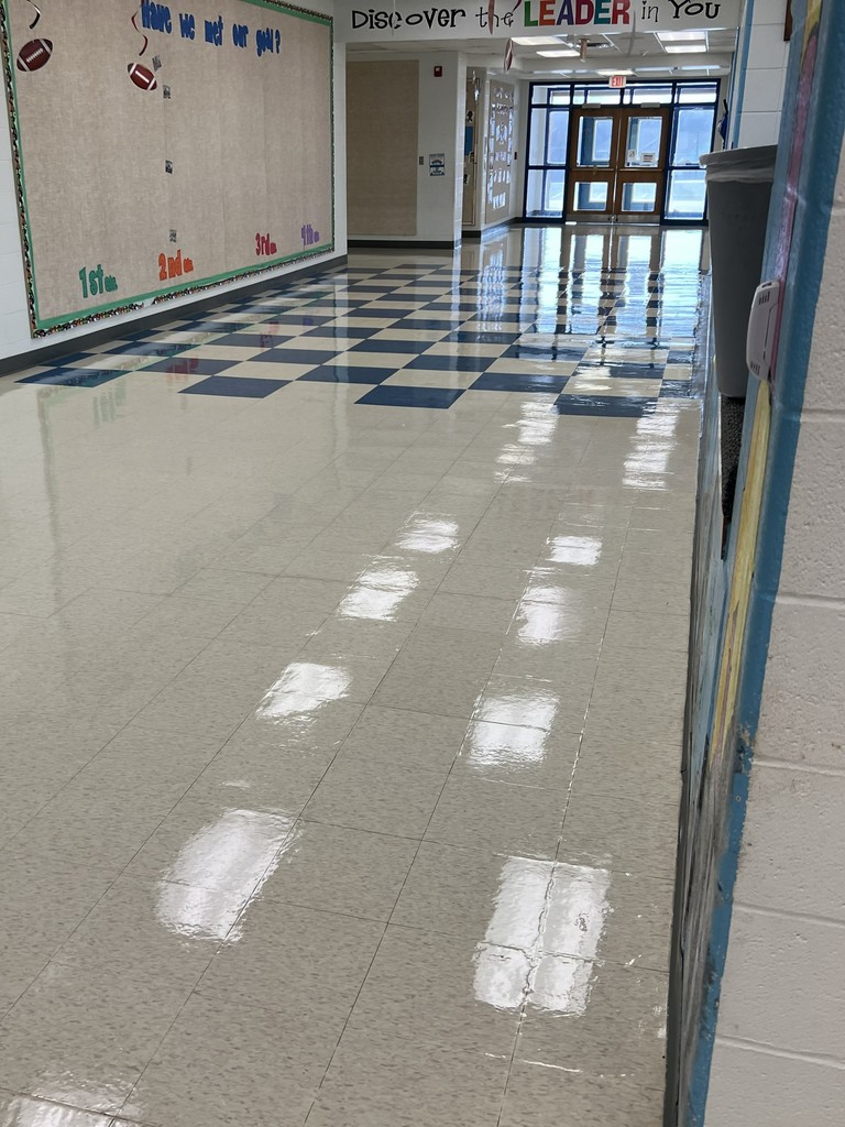 Elementary main hall floor reflects lights above