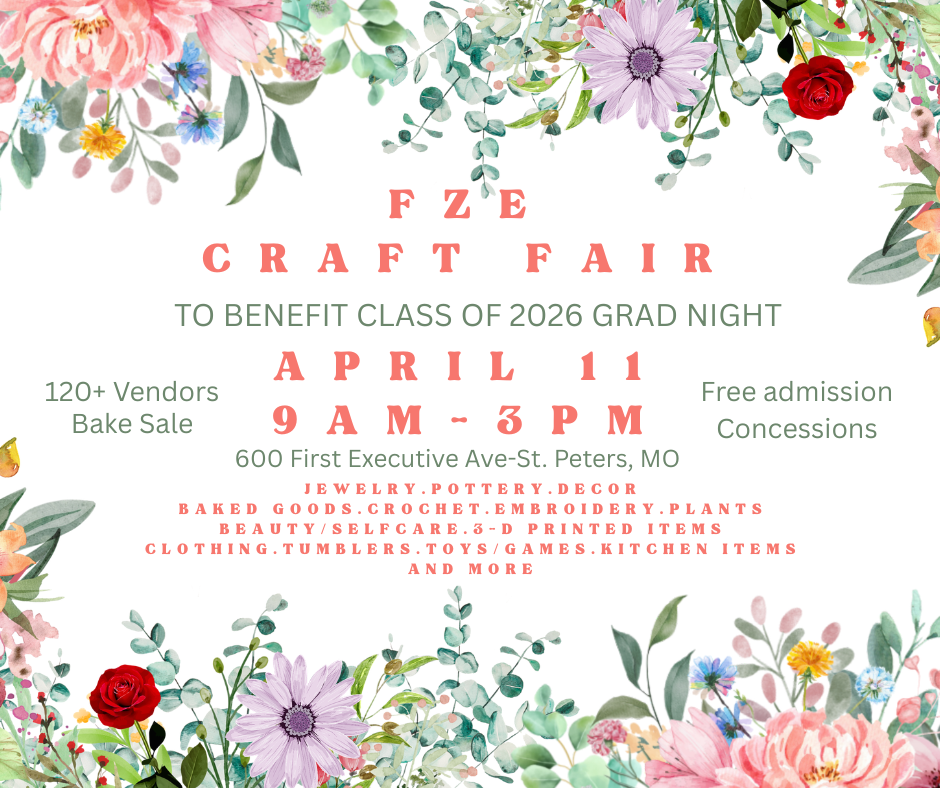 FZE Craft Fair to benefit Class of 2026 Grad Night on April 11 from 9 am - 3 pm. There will be 120+vendors, concessions and admission is free. Vendors: Jewelry, pottery, decor, baked goods, crochet, embroidery, plants, beauty/selfcare, 3D printed items, clothing, tumblers, toys/games, kitchen items and more.