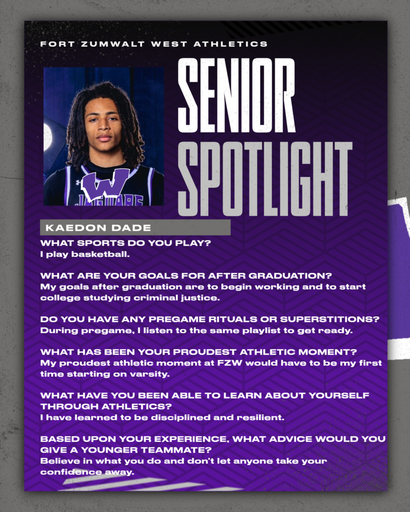 Each Friday of a full week for the remainder of the school year, the Zumwalt West school community will recognize the accomplishments and wisdom of our seniors. In May, as graduation approaches, there will be a Senior Spotlight each school day.