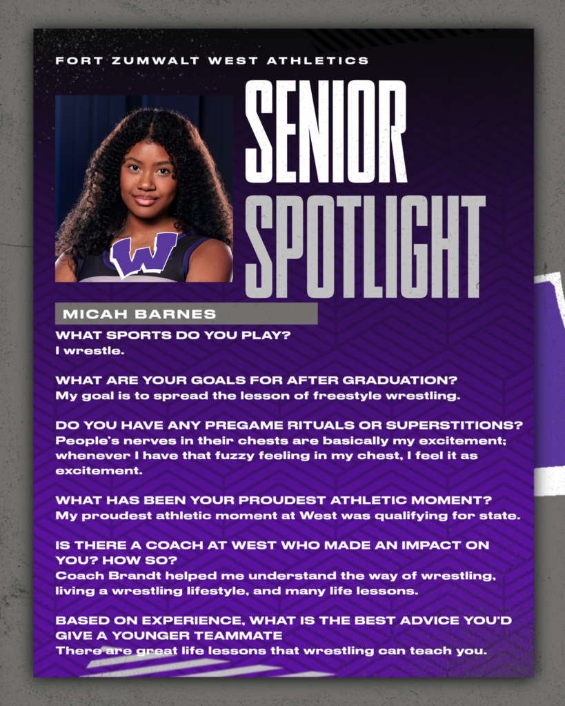 Each Friday of a full week for the remainder of the school year, the Zumwalt West school community will recognize the accomplishments and wisdom of our seniors. In May, as graduation approaches, there will be a Senior Spotlight each school day.