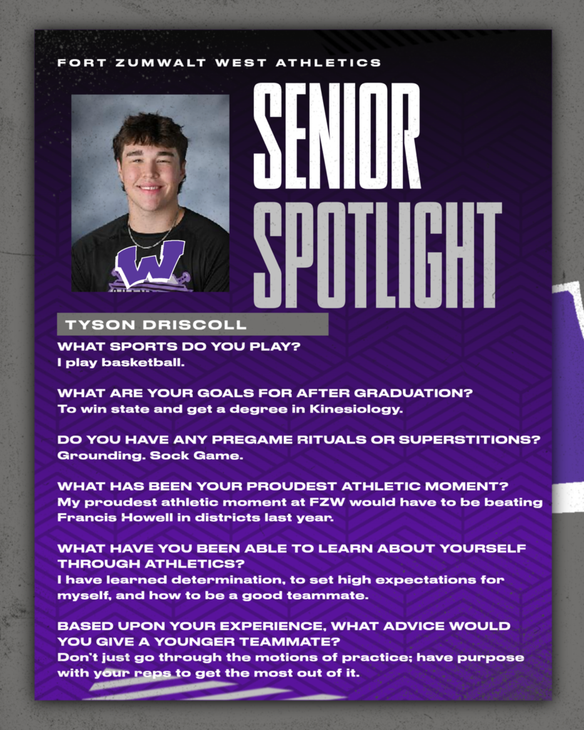 Each Friday of a full week for the remainder of the school year, the Zumwalt West school community will recognize the accomplishments and wisdom of our seniors. In May, as graduation approaches, there will be a Senior Spotlight each school day.