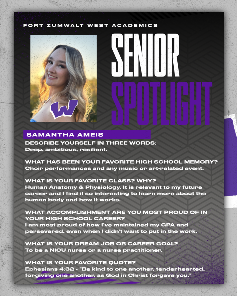 Each day for the remainder of the school year, the Fort Zumwalt West school community will recognize the accomplishments and wisdom of our seniors as their graduation day approaches. 
