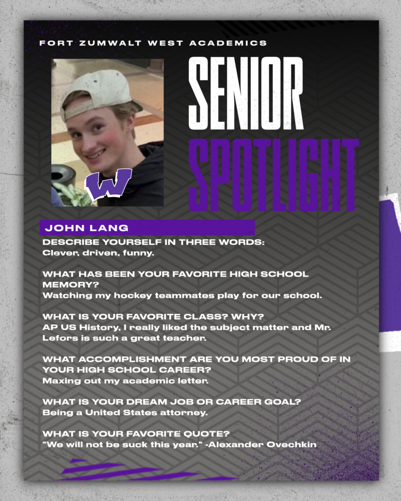 Each day for the remainder of the school year, the Fort Zumwalt West school community will recognize the accomplishments and wisdom of our seniors as their graduation day approaches. 