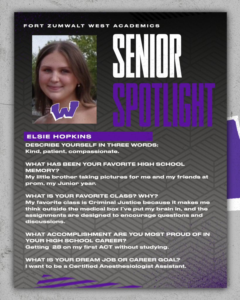Each day for the remainder of the school year, the Fort Zumwalt West school community will recognize the accomplishments and wisdom of our seniors as their graduation day approaches. 