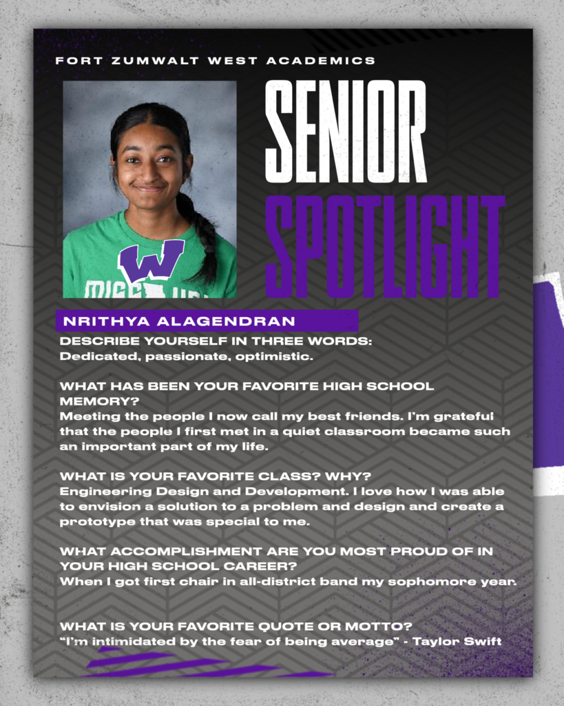 Each day for the remainder of the school year, the Fort Zumwalt West school community will recognize the accomplishments and wisdom of our seniors as their graduation day approaches.