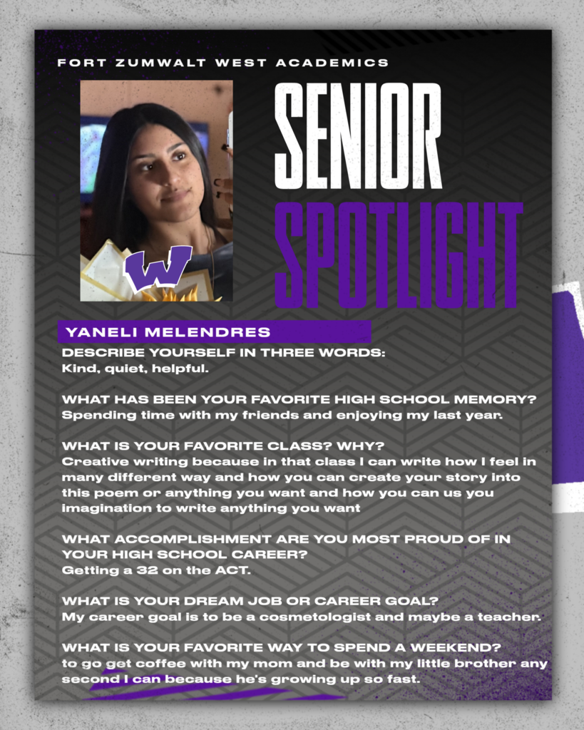 Each day for the remainder of the school year, the Fort Zumwalt West school community will recognize the accomplishments and wisdom of our seniors as their graduation day approaches.