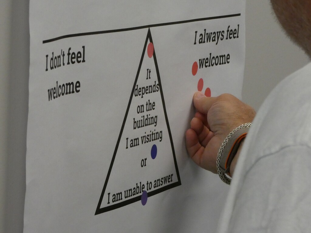 Using stickers, guests answered several questions on posters as they toured