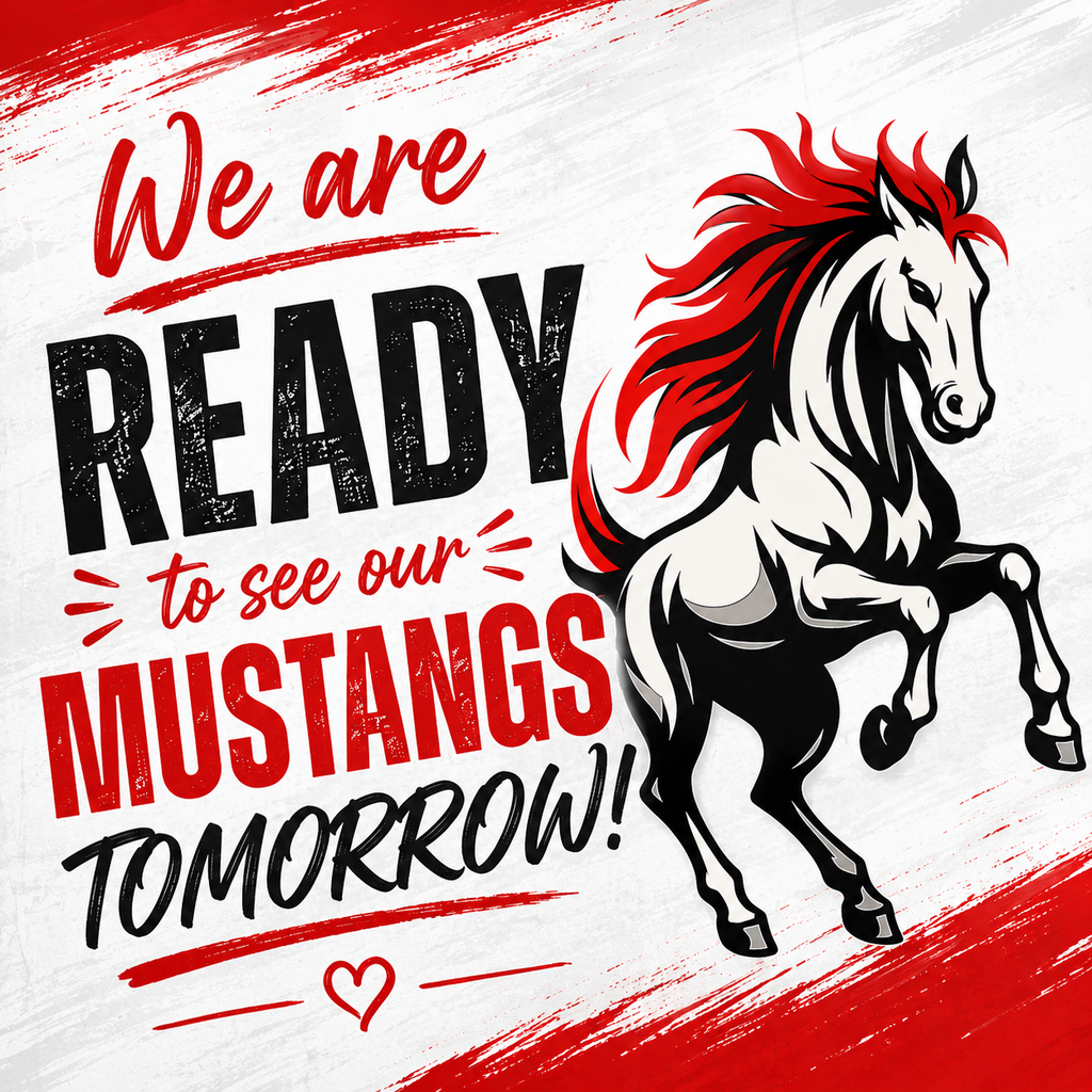 SCHOOL STARTS TOMORROW!   We are SO excited to welcome our Mustangs back! The halls are ready, the teachers are ready, and the countdown is almost over!   Let’s make it an AMAZING year, Mustangs! 🐎❤️🖤