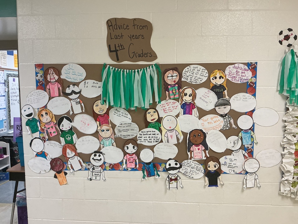 A bulletin board that says advice from last year's 4th graders with several drawings of students and their advice.