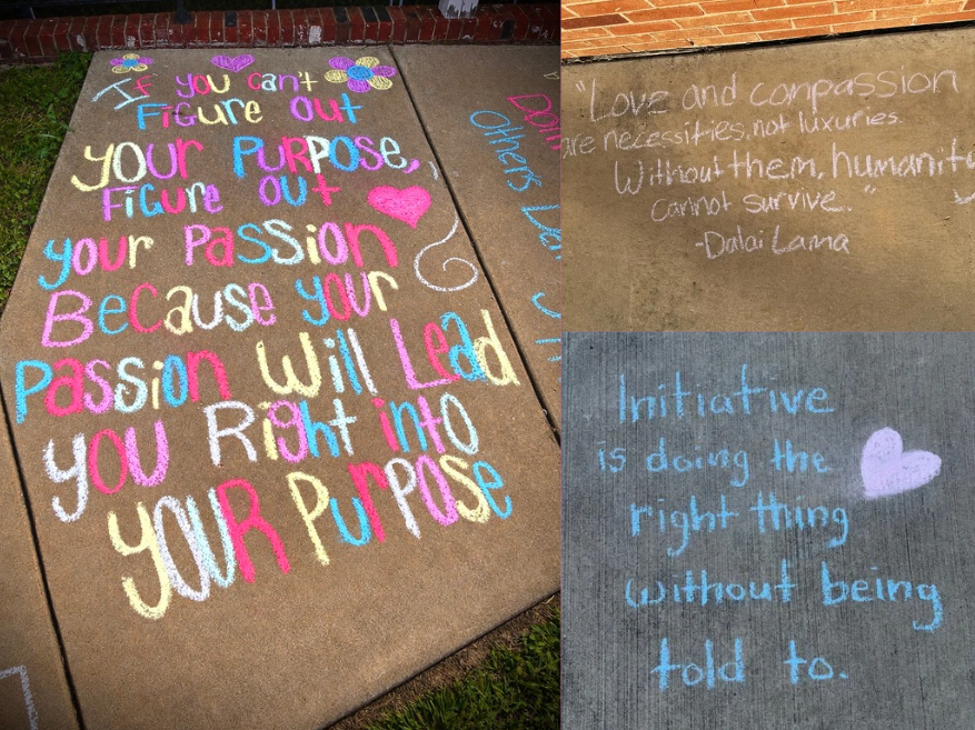 Quotes written in colorful chalk on pavement