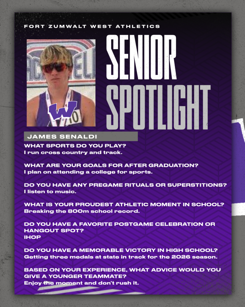 Each Friday during a full week this school year, and then again every weekday in May, Fort Zumwalt West will recognize a member of the Class of 2027 as part of our Senior Spotlight. From fondest memories to words of wisdom, our seniors will share what they’ve learned during their time in school. 