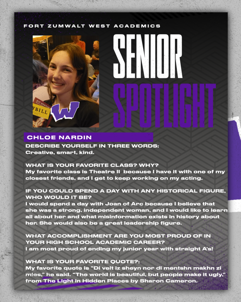 Each Friday during a full week this year, and then again every weekday in May, Fort Zumwalt West will recognize a member of the Class of 2027 for our Senior Spotlight. From fondest memories to words of wisdom, seniors will share what they’ve learned during their time in school.