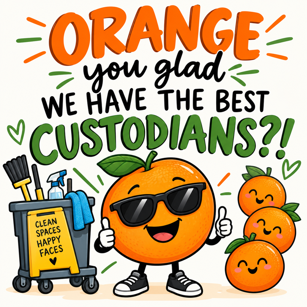 An orange next to a cart of cleaning supplies that says, "Orange you glad we have the best custodians?!"