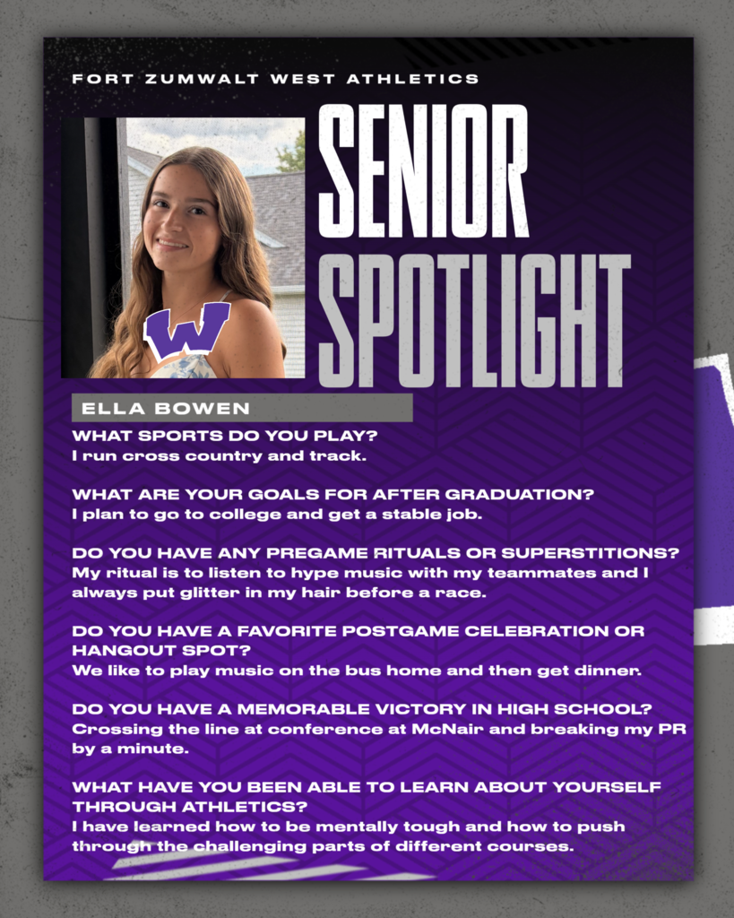 Each Friday during a full week this year, and then again every weekday in May, Fort Zumwalt West will recognize a member of the Class of 2027 for our Senior Spotlight. From fondest memories to words of wisdom, seniors will share what they’ve learned during their time in school.
