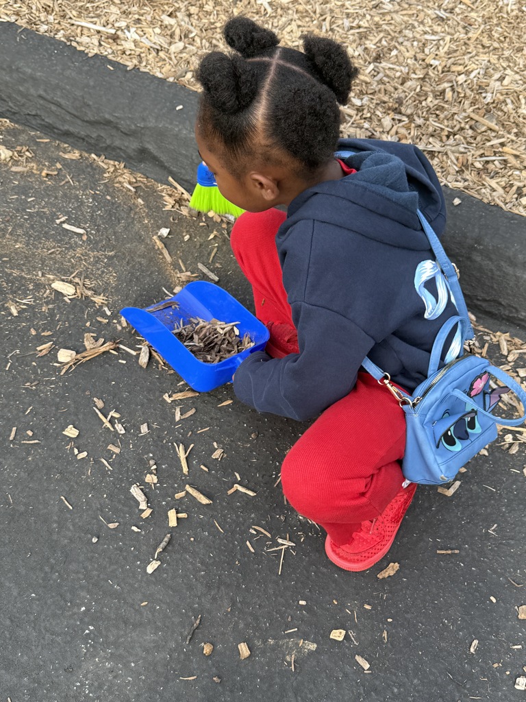 Student cleaning up mulch on the playground