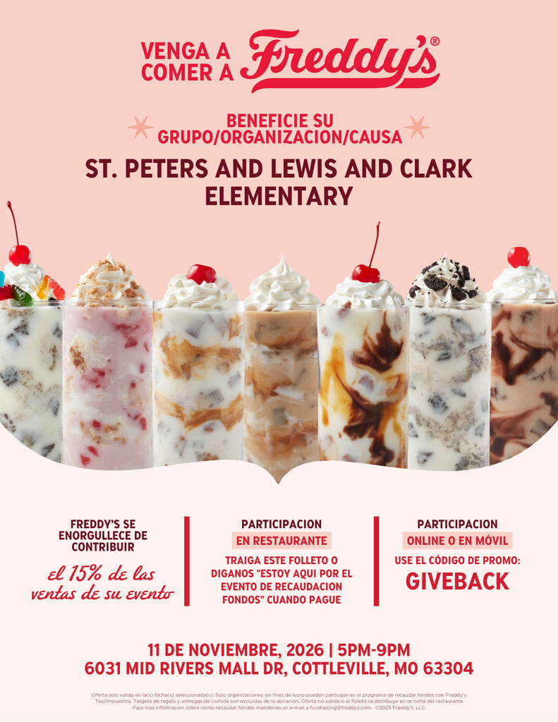 Flyer, in ESPANOL - 11 de Noviembre, 2026 - Comer a Freddy's! 6031 Mid Rivers Mall Dr.! 