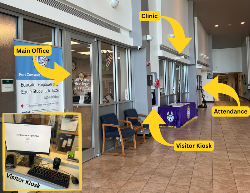 Photo commons showing where main office, kiosk, clinic and attendance are.