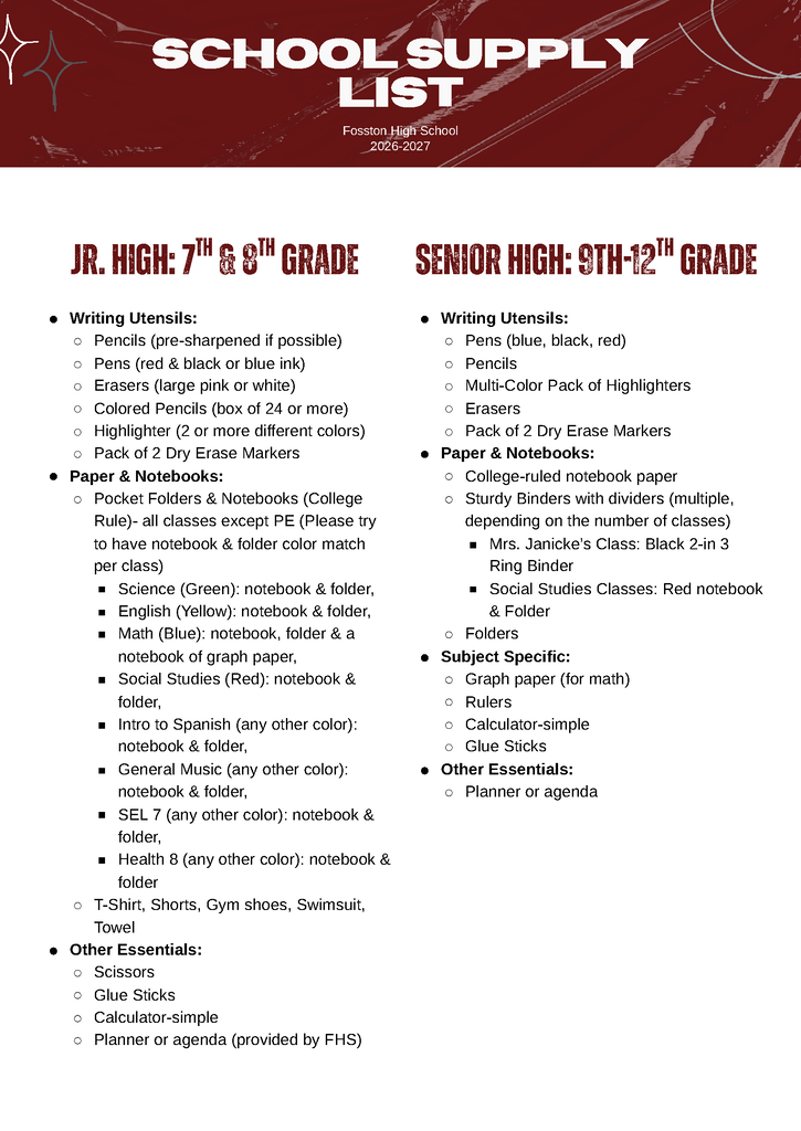 Fosston High School 26-27 Supply List