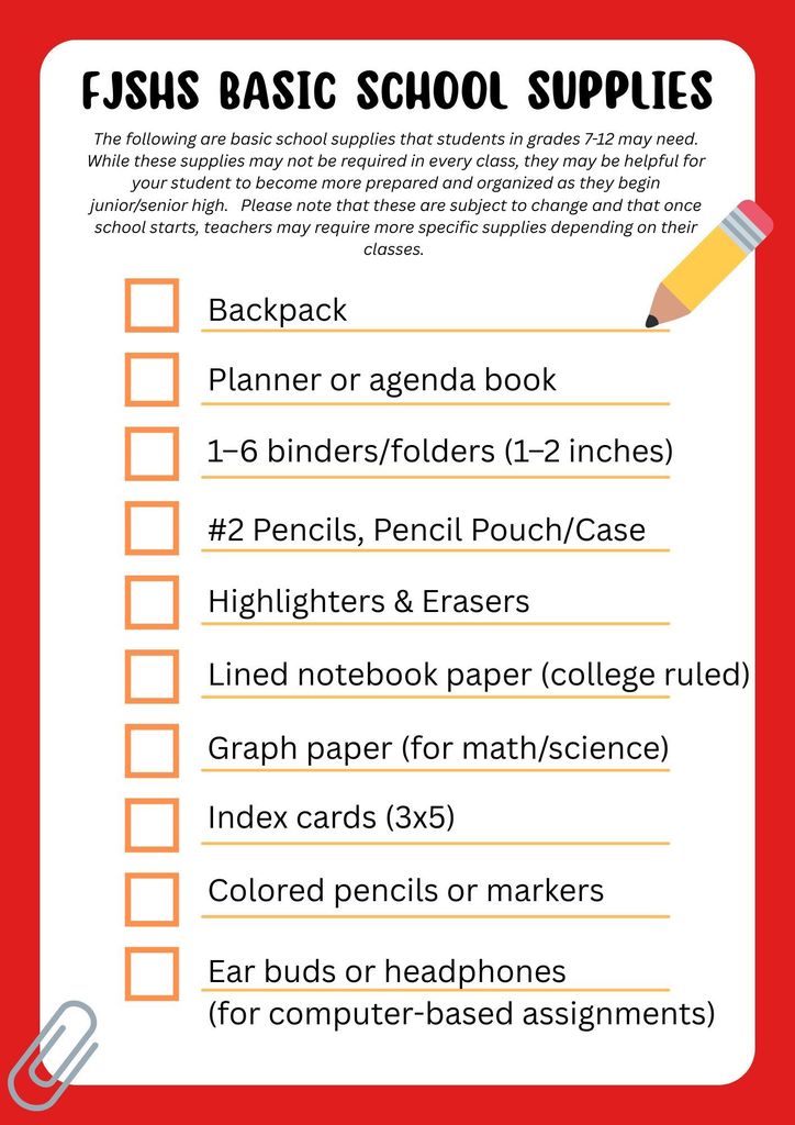 FJSHS school supply list 