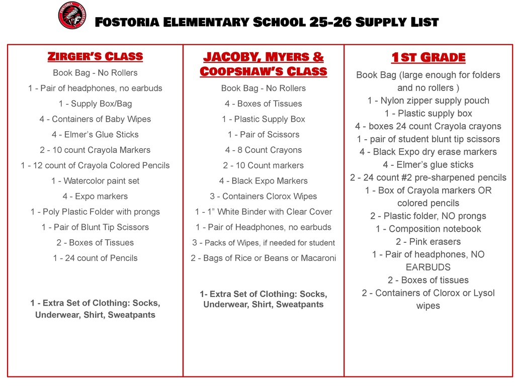 FES School Supply List 2025