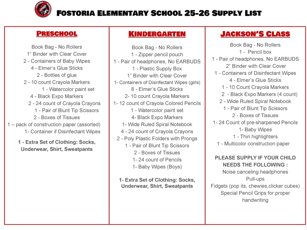 FES School Supply List 2025