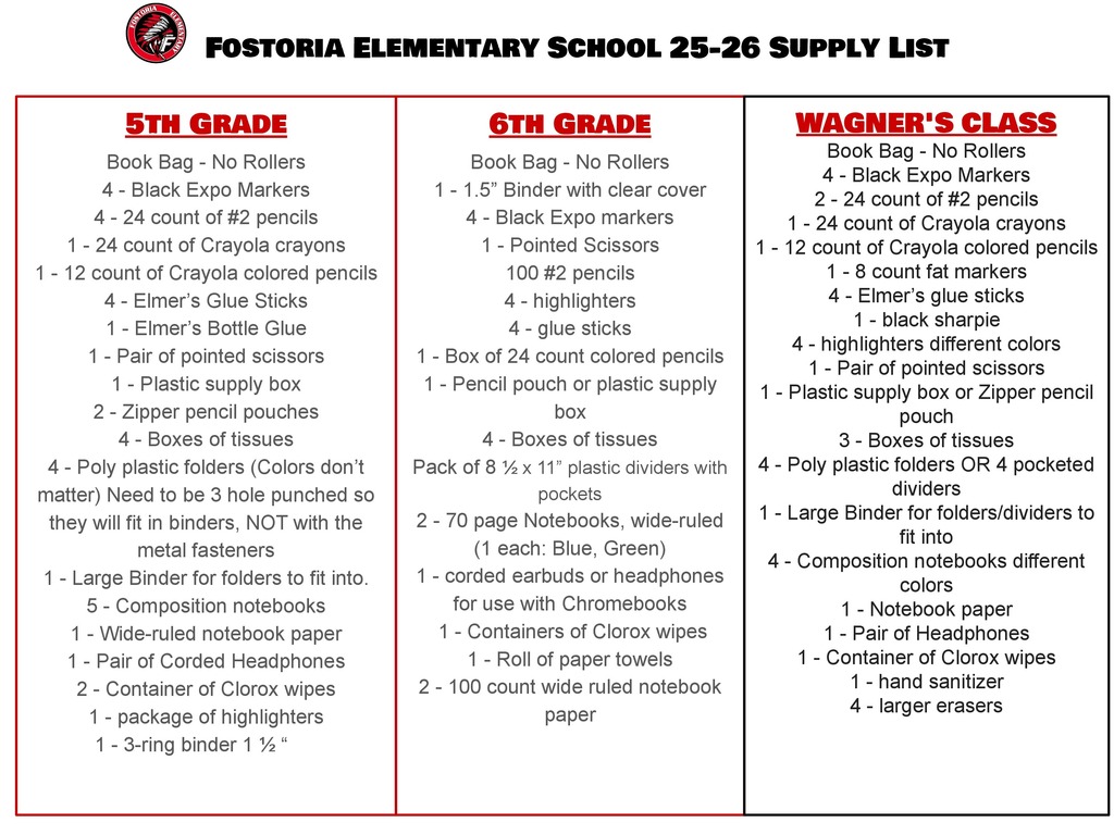 FES School Supply List 2025