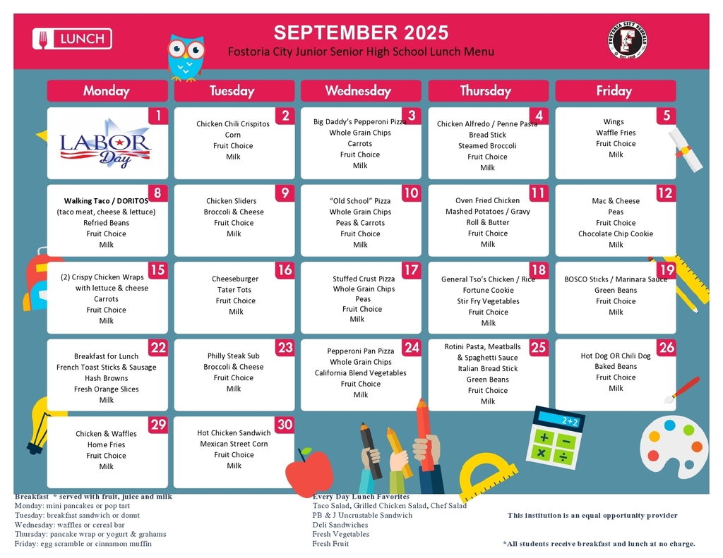 FJSHS September Lunch Menu