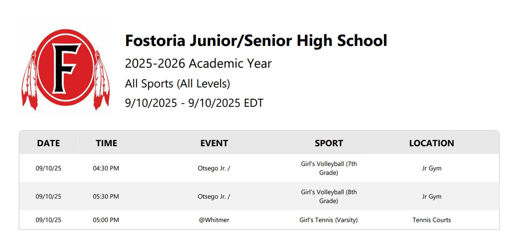Athletic schedule for today 9.10.24